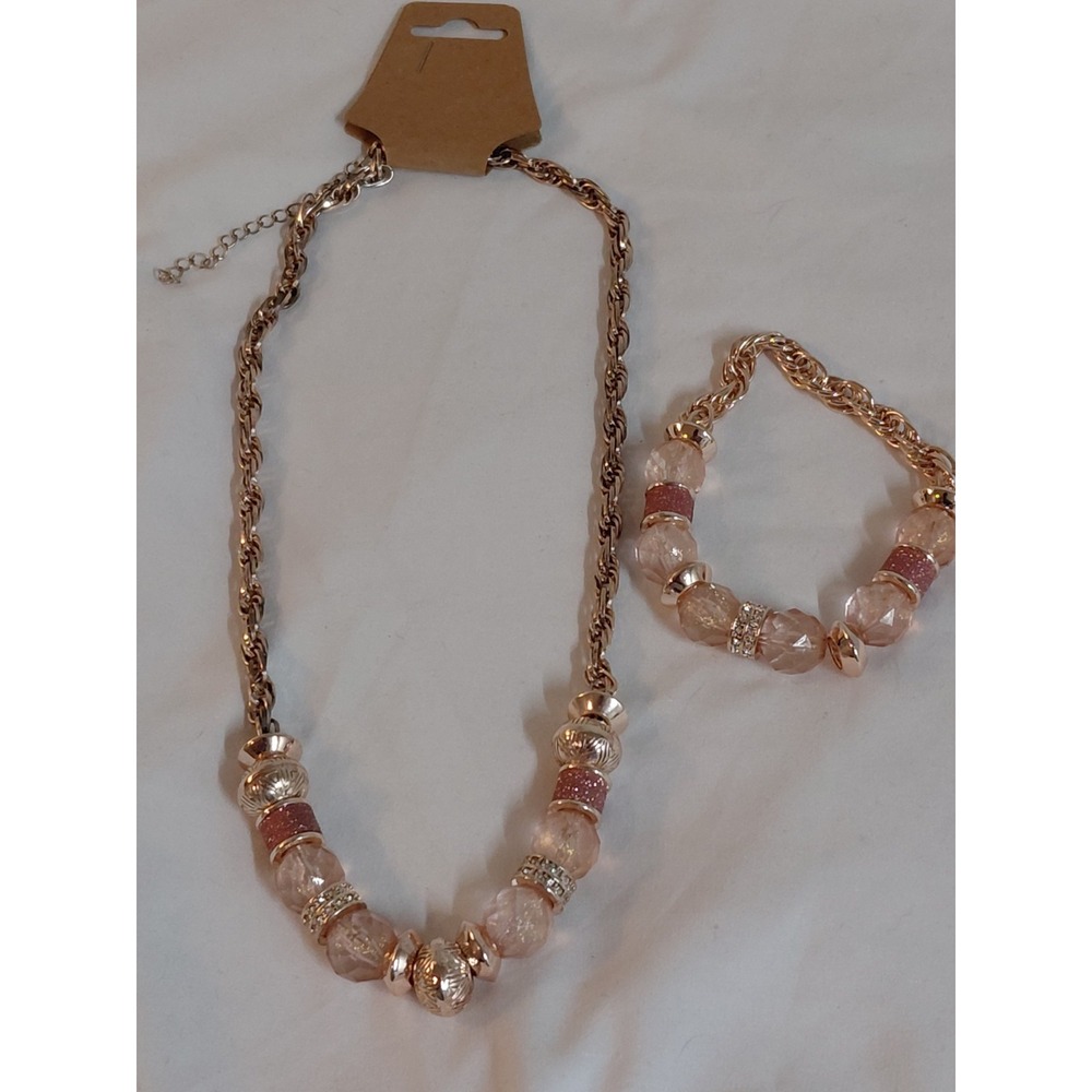 Rose Gold Tone Pink Beaded Necklace & Bracelet Set Sparkle Rhinestone Costume...